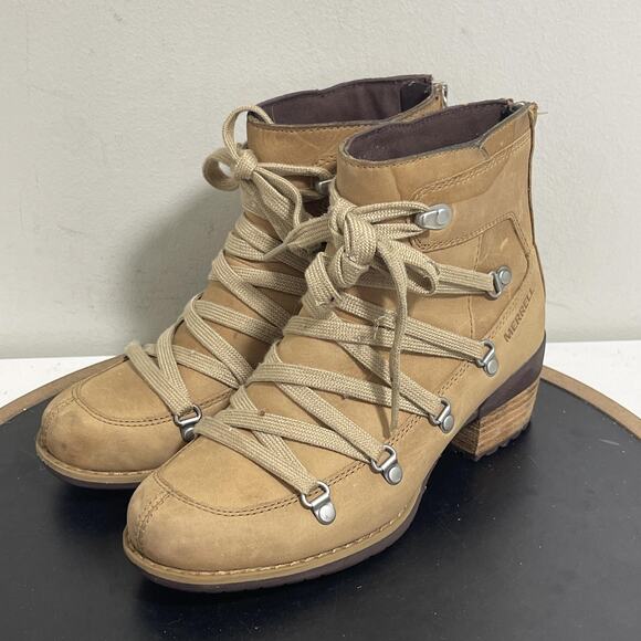 Merrell Boots Womens Size 5 Tan Leather Lace Up Ankle Lug Heel Outdoor J001736 - Picture 4 of 11